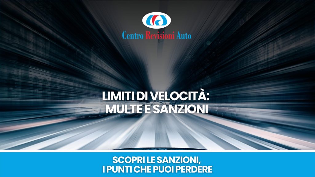 Immagine frontale Immagine di copertina dell'articolo sui limiti di velocità e sanzioni, con sfondo di strada in movimento e il logo del Centro Revisioni Auto, accompagnato dal testo 'Limiti di Velocità: Multe e Sanzioni'